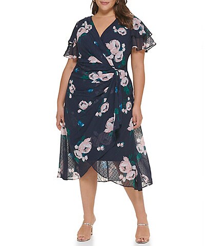 DKNY Plus Size Floral Print Short Flutter Sleeve Surplice V-Neck Chiffon Faux Wrap Midi Dress