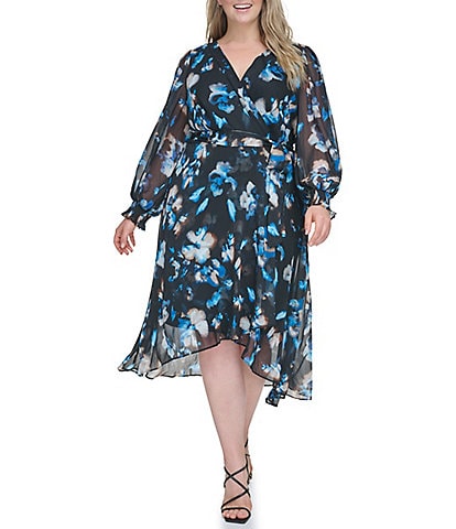DKNY Plus Size Long Smocked Sleeves V-Neck High/Low Faux Wrap Dress