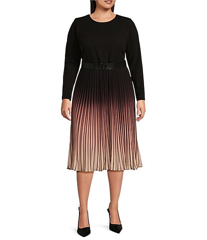 DKNY Plus Size Ombre Knit Crew Neck Long Sleeve Pleated Belted Midi Dress