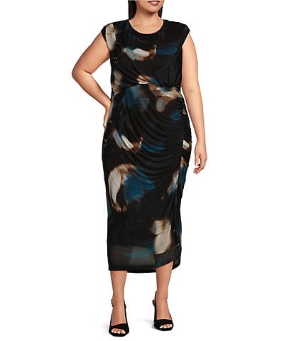 DKNY by Donna Karan Plus Size Printed Knit Round Neck Sleeveless Sheath Dress