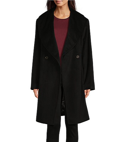 DKNY Plus Size Shawl Collar Belted Wrap Front Wool Blend Coat