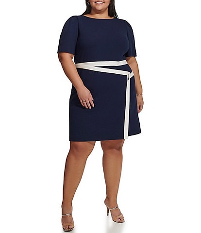 DKNY Plus Size Short Sleeve Boat Neck Wrap Skirt Scuba Crepe Dress