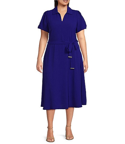 DKNY Plus Size Short Sleeve Point Collar Tie Waist Fit and Flare Midi Dress