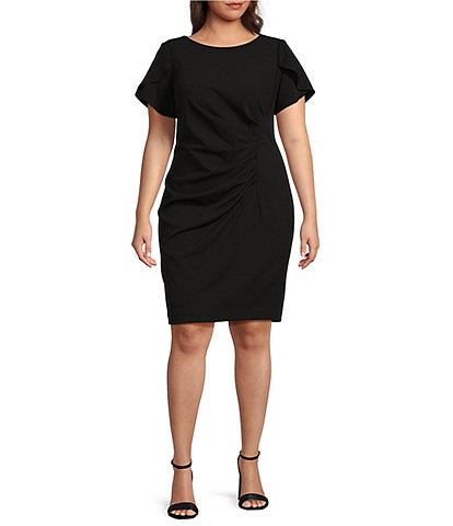 DKNY by Donna Karan Plus Size Short Tulip Sleeve Boat Neck Ruched Waist Sheath Dress
