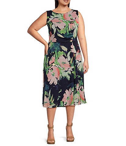 DKNY Plus Size Sleeveless Boat Neck Floral Chiffon Fit And Flare Midi Dress