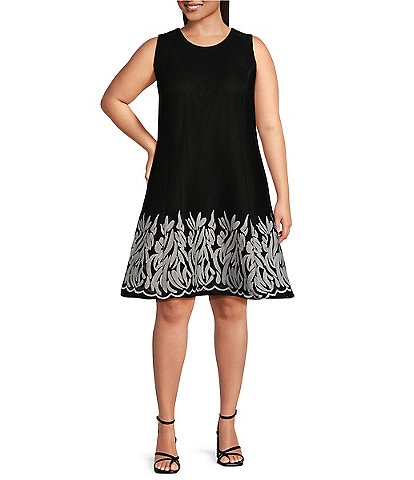 DKNY Plus Size Sleeveless Crew Neck Embroidered Mesh Fit and Flare Dress