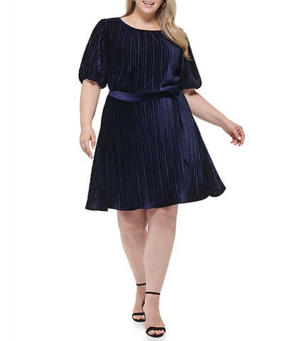 DKNY Plus Size Knit Velvet Round Neck Short Sleeve Pleated Fit and Flare Dress