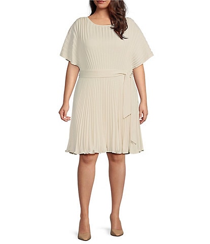 DKNY Plus Size Woven Pleated Crew Neck Short Sleeves Belted Fit & Flare Dress