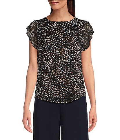 DKNY Printed Crew Neck Keyhole Button Back Short Tulip Sleeve Top
