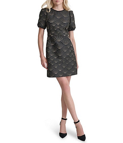 DKNY by Donna Karan Printed Crew Neck Short Puff Sleeve Fit-and-Flare Mini Dress