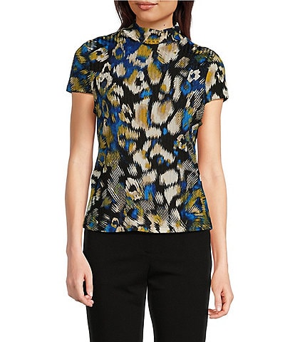 DKNY Printed Hacci Cap Sleeve Mock Neck Top