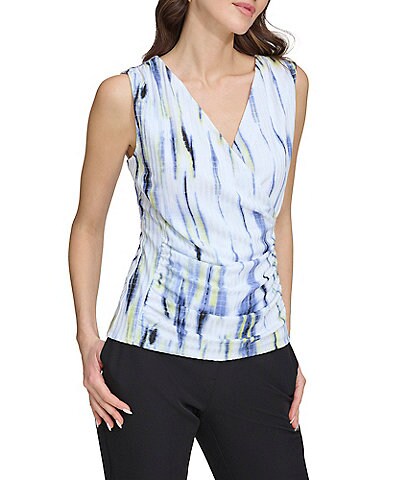 DKNY Printed Hacci Sleeveless V-Neck Ruched Top