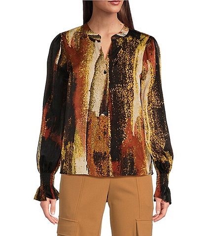 DKNY Printed Long Sleeve Split Neck Blouse