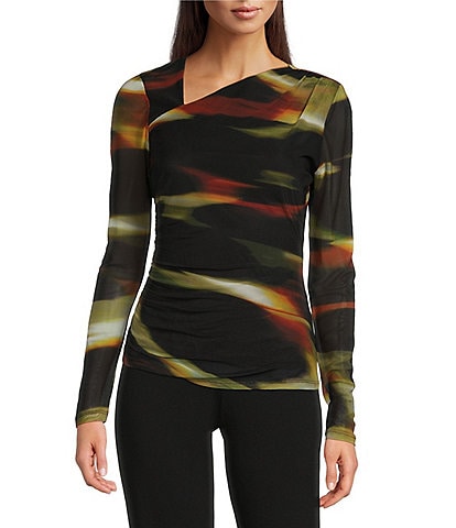 DKNY Printed Mesh Long Sleeve Asymmetrical Neck Top