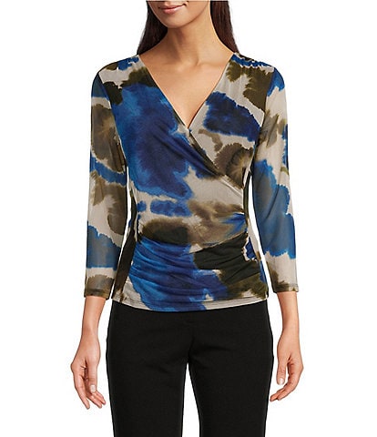 DKNY Printed Mesh 3/4 Sleeve Faux Wrap Top