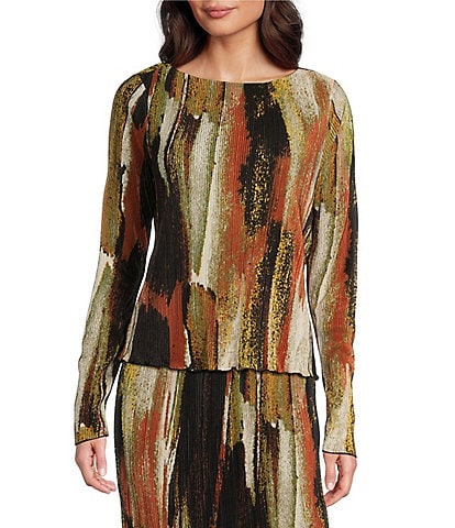 DKNY Printed Plisse Long Sleeve Boat Neck Top