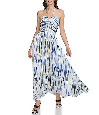 DKNY Tie Halter Neck Ruched Bodice Maxi Dress