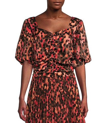 DKNY Printed Satin Sweetheart Neck Balloon Sleeve Ruched Blouse