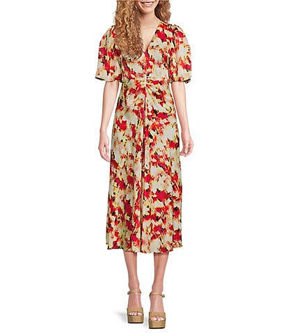 DKNY Printed Satin V-Neck Sleeveless Dress