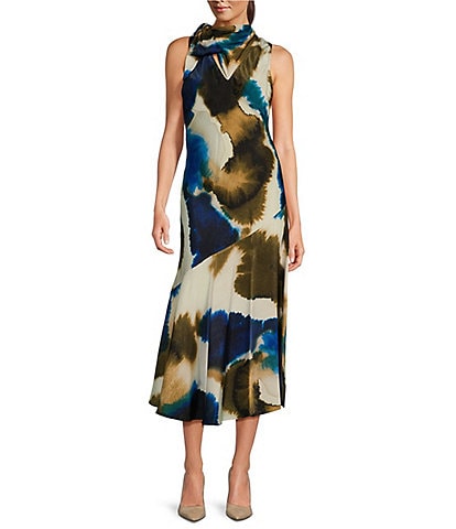 DKNY Printed Sleeveless Tie-Neck Maxi Dress