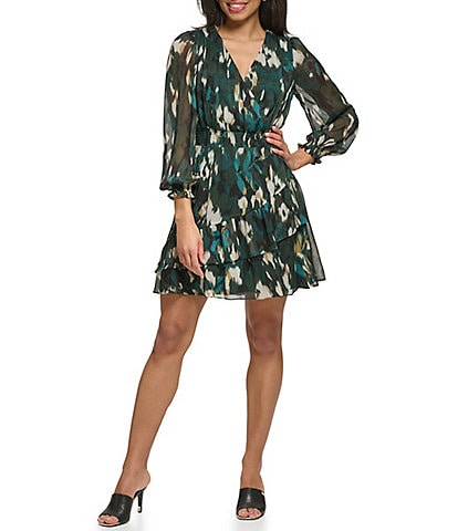 DKNY Printed Surplice V-Neck Illusion Long Sleeve Smocked Waist Fit and Flare Dress