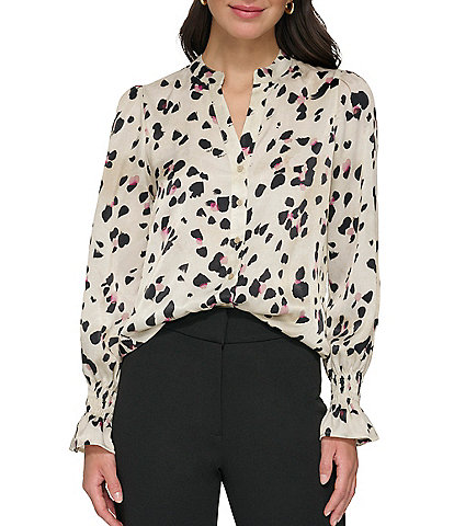 Printed Woven Banded V-Neck Long Sleeve Button Front Top