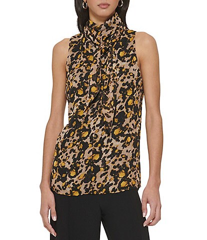 DKNY Printed Woven Scarf Neck Sleeveless Blouse