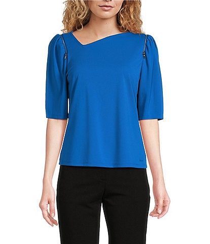 DKNY Puff Sleeve Asymmetrical Neck Blouse