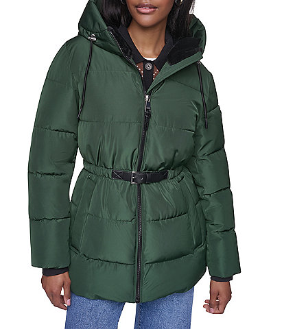 DKNY Quilt Attached Hood Belted Zip Front Puffer Jacket