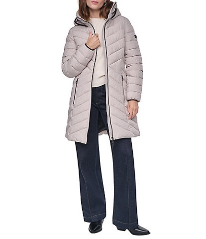 DKNY Quilted Funnel Collar Hooded Zip Front Puffer Jacket