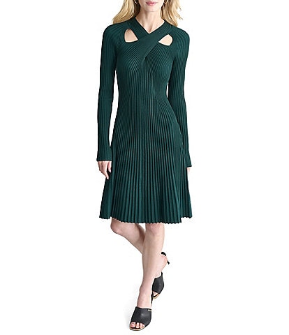 DKNY Ribbed Knit Criss Cross Neck Keyhole Cut-Out Long Sleeve Fit And Flare Dress