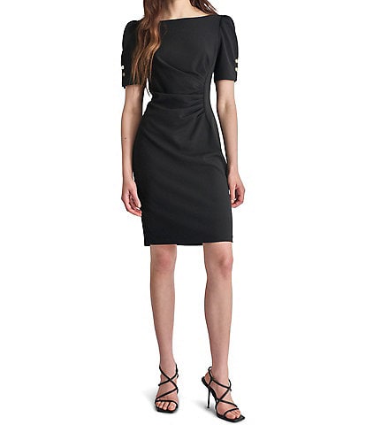 DKNY Round Neck Ruched Crepe Short Sleeve Button Detail Sheath Dress