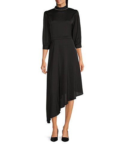 DKNY Satin Back Jewel Trim Mock Neck Long Sleeve Midi Dress