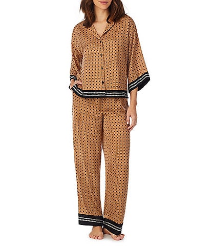 DKNY Satin Geometric Print 3/4 Sleeve Notch Collar Long Pajama Set
