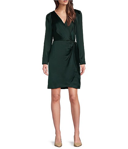 DKNY Satin Surplice V-Neck Long Sleeve Side Knot Faux Wrap Mini Dress