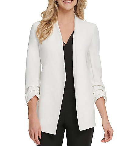 DKNY Scuba Crepe Ruched 3/4 Ruched Sleeve Open Front Jacket