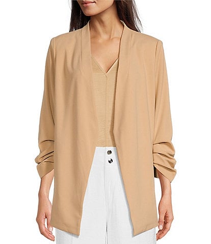 DKNY Scuba Crepe Ruched 3/4 Ruched Sleeve Open Front Jacket