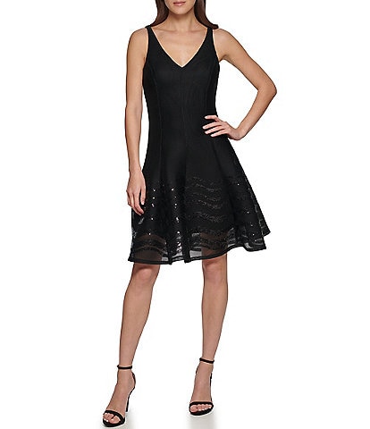 Dkny Sequin Embroidered Mesh Illusion Hem V Neckline Sleeveless Fit and Flare Dress