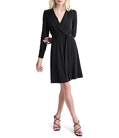 DKNY Sequin Knit Surplice V-Neck Long Sleeve Tie Waist Mini Dress