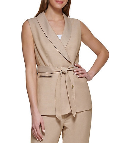 DKNY Shawl Collar Sleeveless Tie Waist Button Front Coordinating Vest