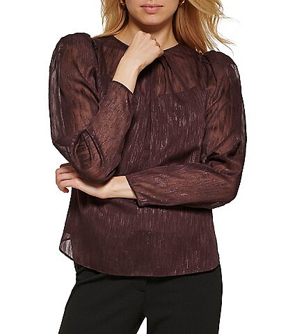 DKNY Sheer 3/4 Sheer Puffed Sleeve Shimmer Detail Round Neck Blouse