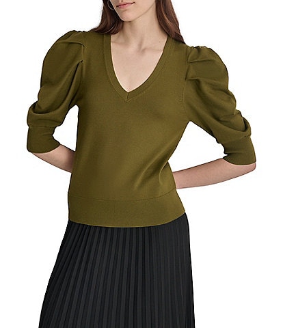 DKNY Short Pleated Puffed Elbow Sleeve V-Neck Knit Top