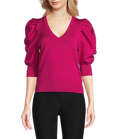 DKNY by Donna Karan Short Pleated Puffed Elbow Sleeve V-Neck Knit Top