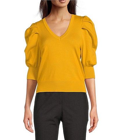 DKNY Short Pleated Puffed Elbow Sleeve V-Neck Knit Top