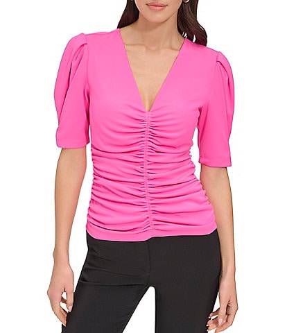 DKNY Short Puff Sleeve V-Neck Ruched Top