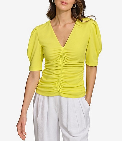 DKNY Short Puff Sleeve V-Neck Ruched Top