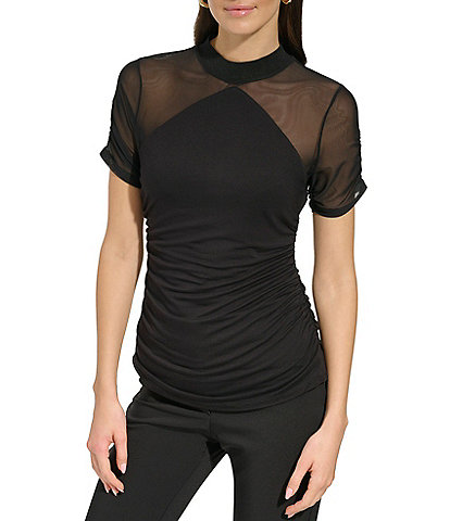 DKNY Short Sleeve Crew Neck Ruched Waist Mesh Top