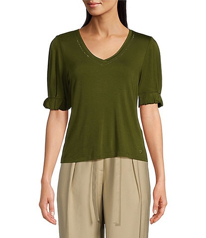 DKNY Short Sleeve Gem Embellished V-Neck Top