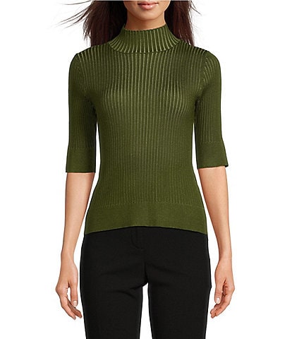 DKNY Short Sleeve Mock Neck Ribbed Knit Top