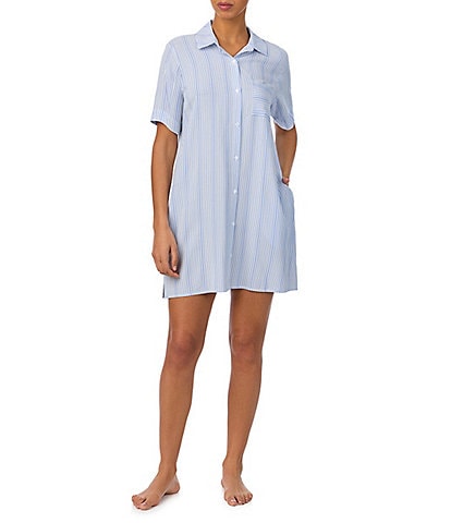 DKNY Short Sleeve Woven Button-Front Seersucker Striped Nightshirt